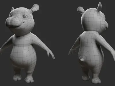 Cartoon Hippo II Basemesh  Low-poly 3D model