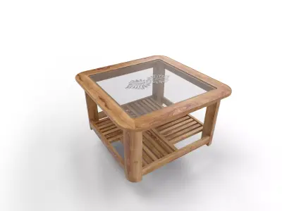 Wooden Glass-Top Center Table with Slatted Storage Shelf Low-poly 3D model