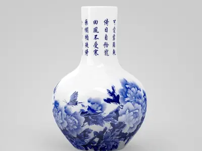 Chinese Blue and White Porcelain Vase with Peonies Painting Low-poly 3D model