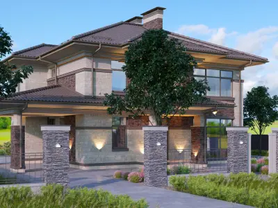 Model of a Wright-style house with a carport for one car 3D model