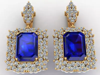 Rectangle Sapphire Diamond Gold Earring 3D print model