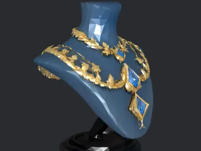 Gold Necklace with blue diamonds and jewellery necklace stand  3D model