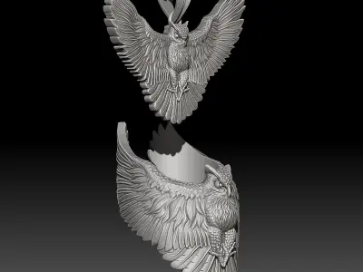 Owl Ring and pendant Sculpture jewelry Gold necklace 3D print model