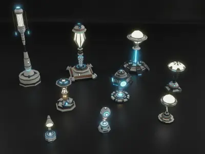 Collection 9 Futuristic Lamps Low Poly Low-poly 3D model