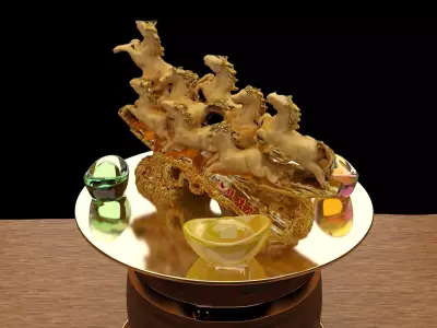 Chinese gold ingot with golden horse statue  3D model