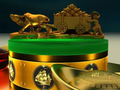 Chinese gold  ingot with bull cart 3D model