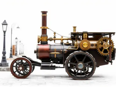 Steampunk Victorian Tractor with Brass Gears and Steam Pipes Low-poly 3D model
