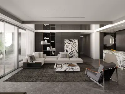 Modern Luxury Open-Plan Living Room with Marble Kitchen Island 3D model