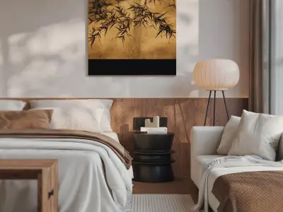 Modern Asian Twin-Bed Suite - Warm Wooden Japandi Bedroom 3D model