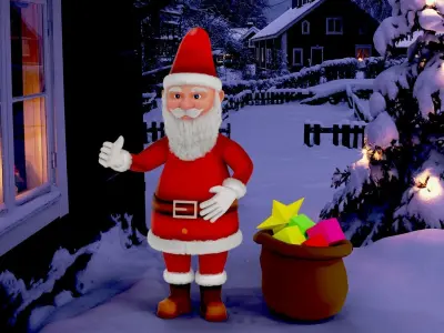 Fur Cartoon Santa Claus with gifts Low-poly 3D model