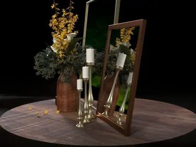 Decor set candles candlesticks bouquet of flowers and mirrors 3D model