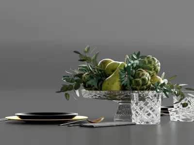 Table setting with Fruits and artichoke in crystal vase 3D model