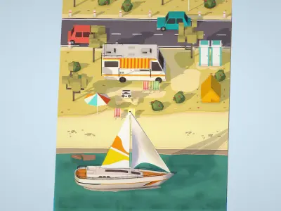 isometric camping scene on the river  Low-poly 3D model