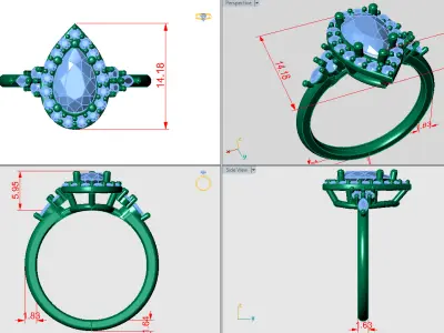 Pear shape halo ring with 3 stones on eachside of the band 3D print model