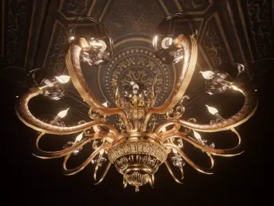 Golden Chandelier with Engraved Patterns 3D model