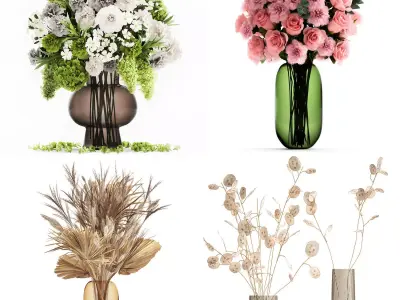Set of flower bouquets in vases for decoration 288 3D model