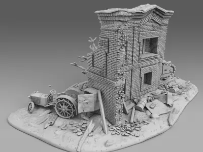 A tank near a destroyed building 3D print model