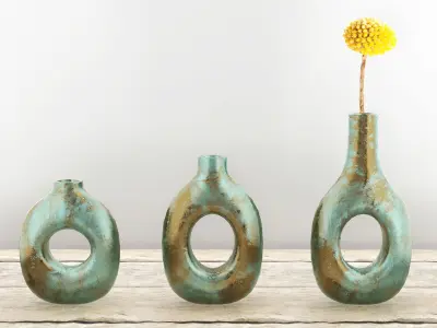 Turquoise and Gold Decor Vase Set 3D model