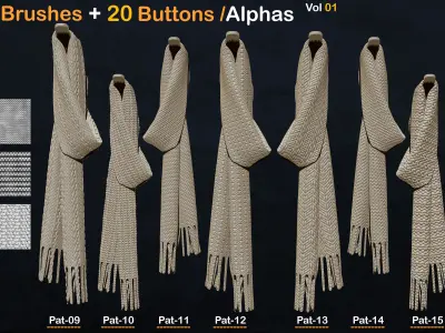 60 Fabric Brushes-20 Buttons -Alphas    Vol 01 3D model