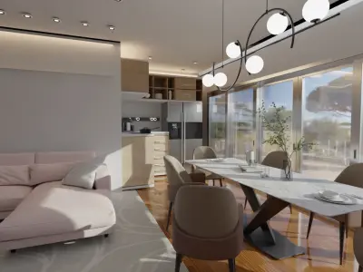 living room with smart kitchen 3D model