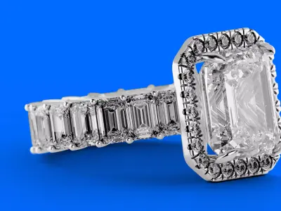 Emerald Cut Diamond Ring with Halo and Diamond Band 3D Model Free 3D print model