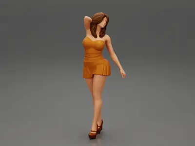 fashion girl walking with hand in hair in mini dress 3D print model