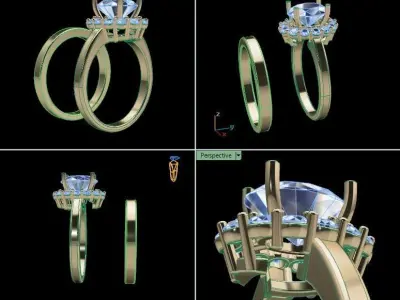 Stack Oval Diamond Halo Engagement Ring Set 3D print model