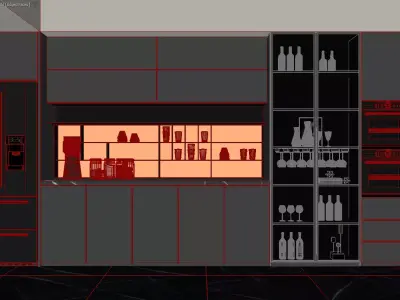 Modern Dark-Toned Kitchen with Built-In Wine Storage 3D model