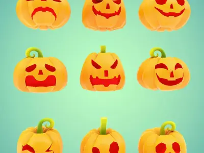 Carved pumpkin heads low poly 3d models set 1 Low-poly 3D model