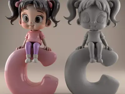Cute Girl Sitting on Letter C STL 3D Model for Decor 3D print model
