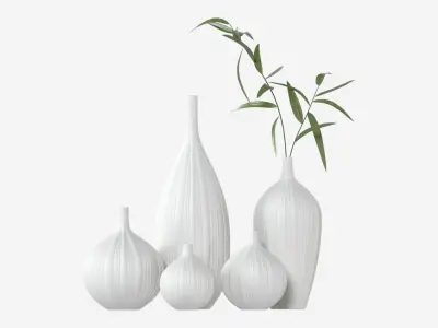 Ceramic white vase set with plants 3D model