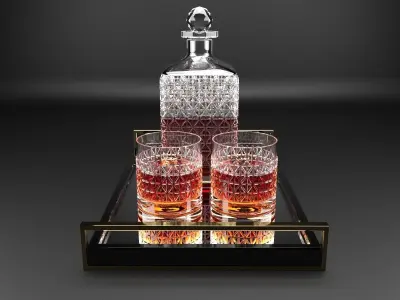 WHISKEY SET two glasses and decanter on tray 3D model