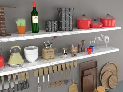 Kitchen collection utensils on shelves Free 3D model