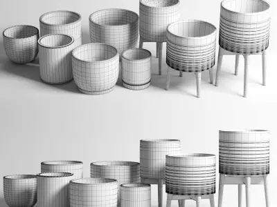 collection of earthenware and patternd concrete vases Low-poly 3D model