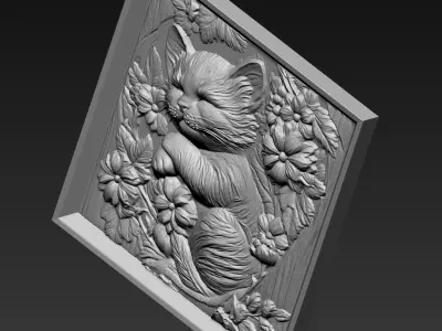Sleeping Kitten and Flowers A70 3D print model