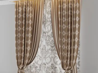 classic curtains and tulle - set 007 Low-poly 3D model