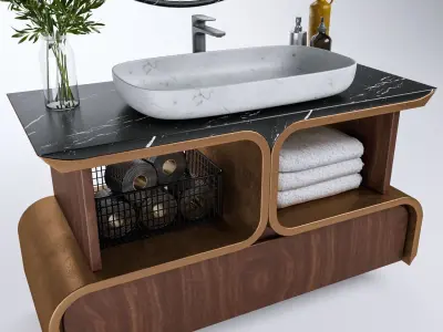 Bathroom-X bathroom vanity with round mirror above it Free low-poly 3D model