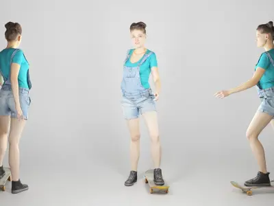 Young girl in short denim overalls on a skateboard 211 Low-poly 3D model
