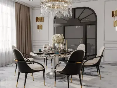 Furniture set dining room with marble floor and chandelier 3D model