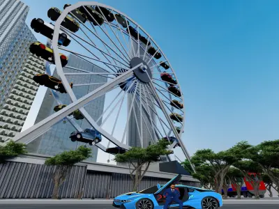 Ferris Wheel with sports cars cart  Low-poly 3D model