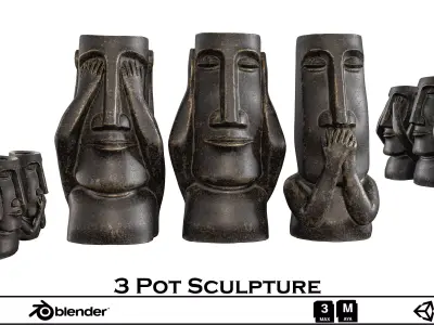 3 Pot Sculpture Set - Abstract Wise Man Figurines 3D Model 3D model