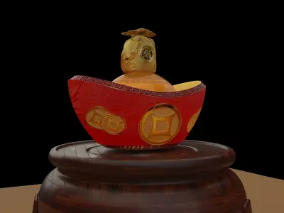 Chinese gold ingot piggy bank with money bag  3D model