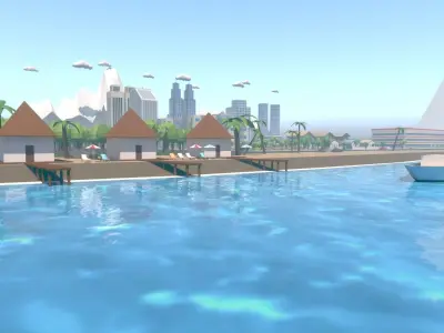 Low Poly City with mountains and water Low-poly 3D model