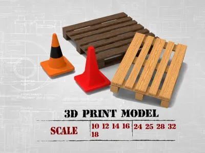 STL printable Wood Pallet  and  Road Safety Cones  3D print model