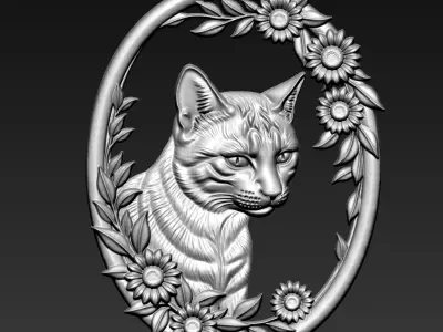 Cat Head with Flowers Border A89 3D print model