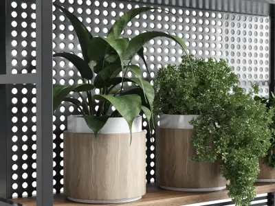 stand palnt metal vase  three wooden pots  Low-poly 3D model