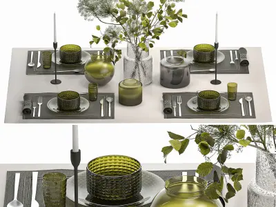 Stylish Table Setting For 4 Persons With A Bouquet 3D model