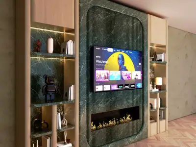 Luxury TV Wall - Green Marble and Curved Wood Media Console 3D model