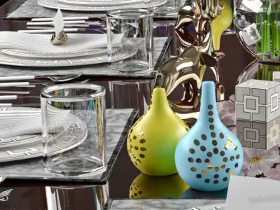 Tableware table setting with silverware and flowers 3D model