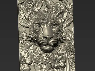 Leopard Head with Flowers Background A68 3D print model